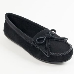 Black Suede Kilty Minnetonka Moccasins
